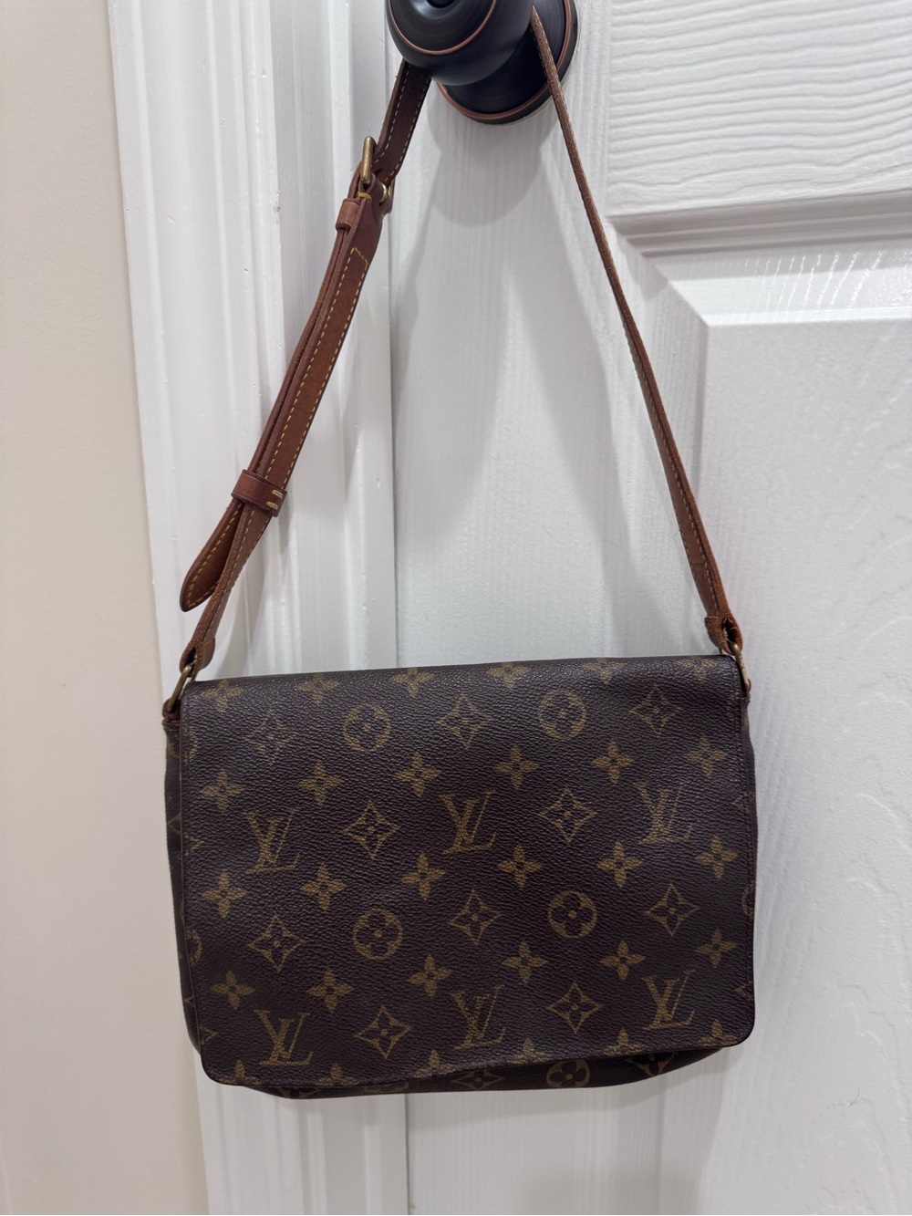 Louis Vuitton Brown Monogram Canvas Shoulder Bag with Tan Strap